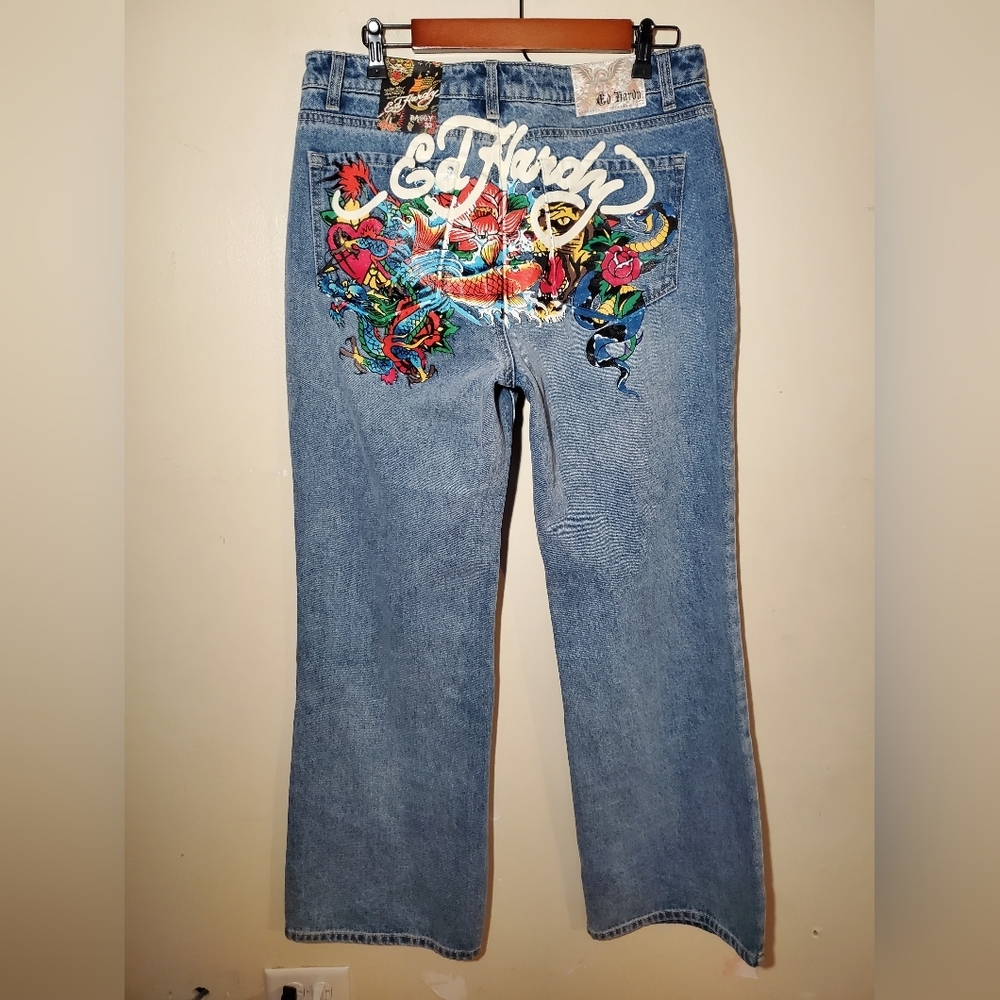 Ed Hardy Baggy Jeans Women's Y2K Back Print Koi Dragon Tiger Size 32